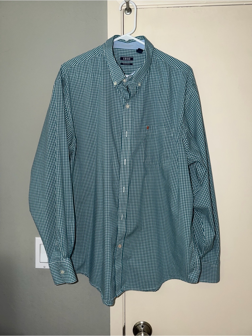 Izod Green and White Gingham Button-Down Shirt